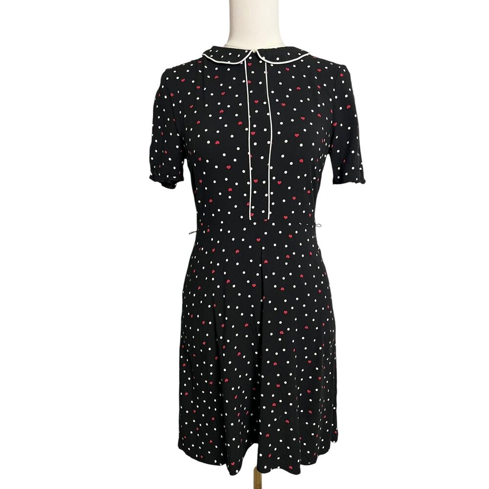 F&F Fit & Flare Dress Womens 6 Black Heart Polka Dot Peter Pan Collar